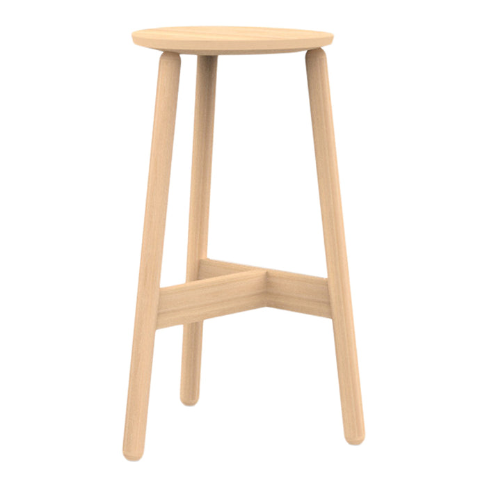 Natural wood finish stool with smooth round top and four tapered legs, showcasing a minimalistic, light color design.