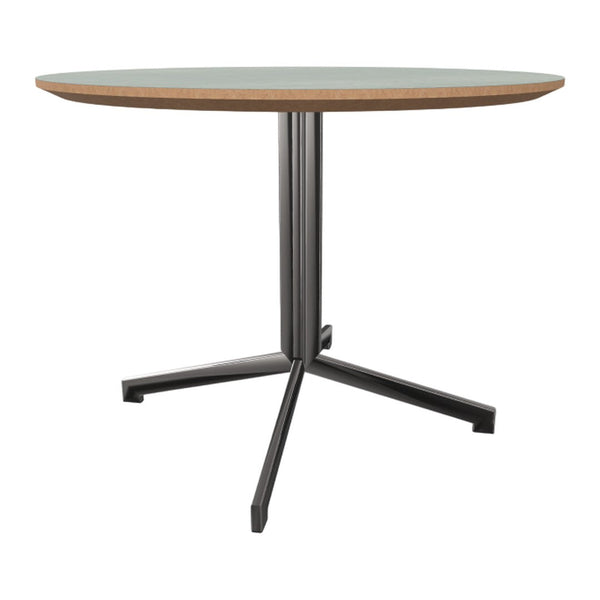 Round tabletop in light gray with a natural wood edge, supported by a sleek black metal base. Modern design.