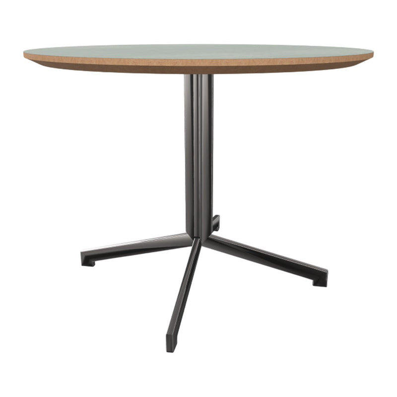 Round tabletop in light gray with a natural wood edge, supported by a sleek black metal base. Modern design.