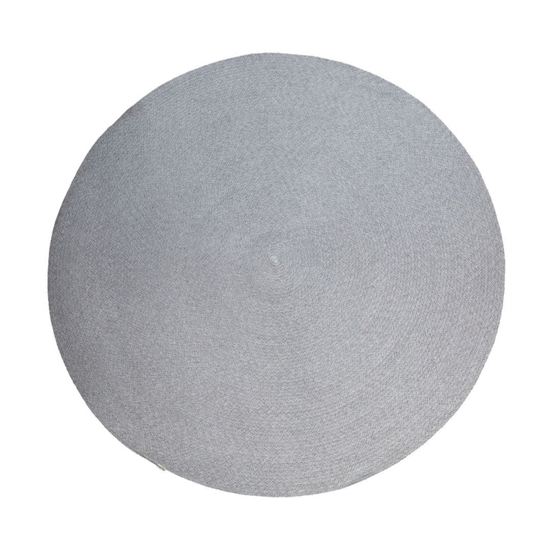 Round gray rug with a textured pattern, ideal for modern home decor. Subtle color adds elegance to any space.