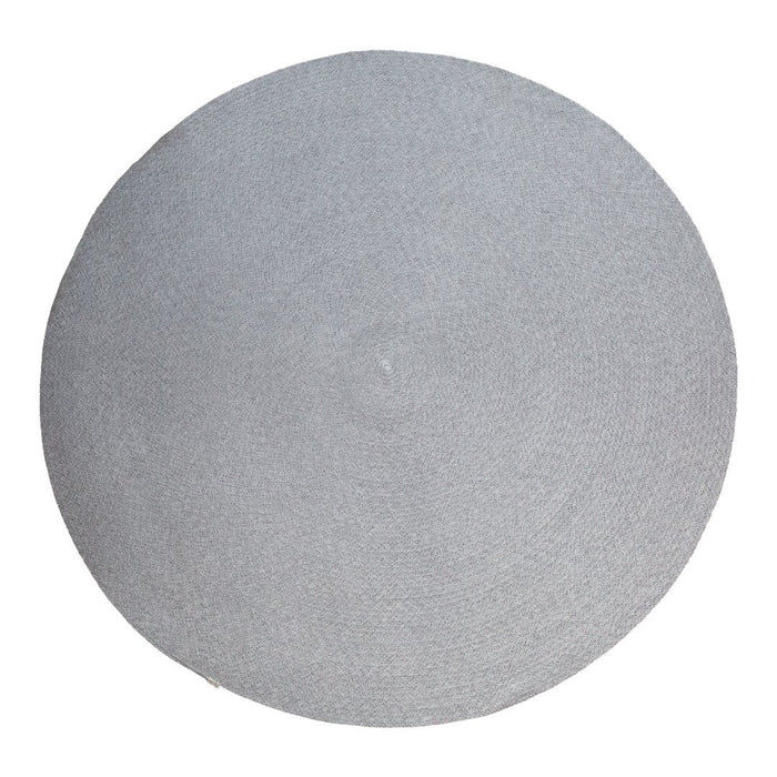 Round gray area rug with a subtle textured pattern, perfect for enhancing modern interiors.