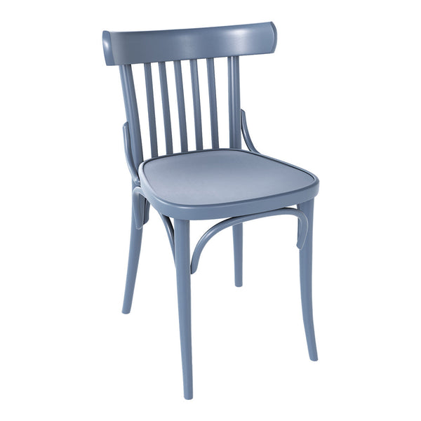 Light blue wooden chair with a slatted back and upholstered seat, showcasing a minimalist design and soft color tones.