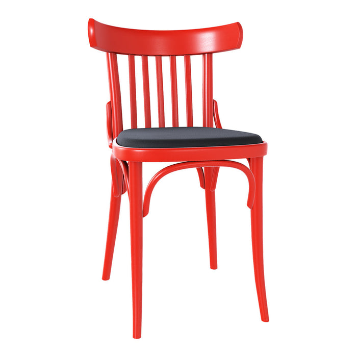 Bright red wooden chair with black upholstered seat, featuring classic slatted back design. Ideal for modern decor.