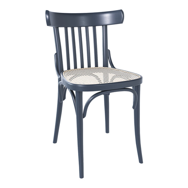 Dark blue wooden chair with a patterned cane seat and slatted backrest. Elegant and modern design for any space.