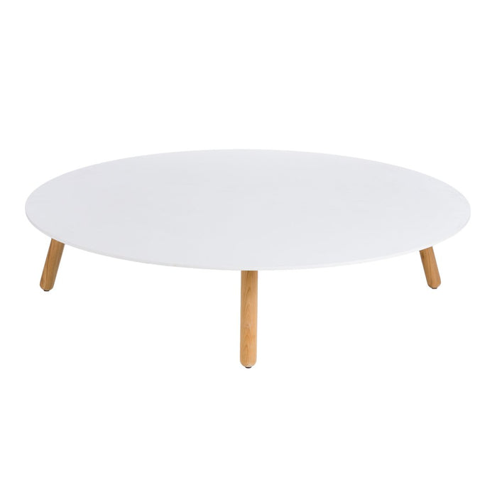 Round white coffee table with natural wood legs, featuring a sleek and modern design. Perfect for any living space.