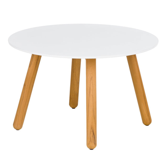 Round white tabletop with natural wood legs, featuring a minimalist design and smooth finish. Ideal for modern decor.