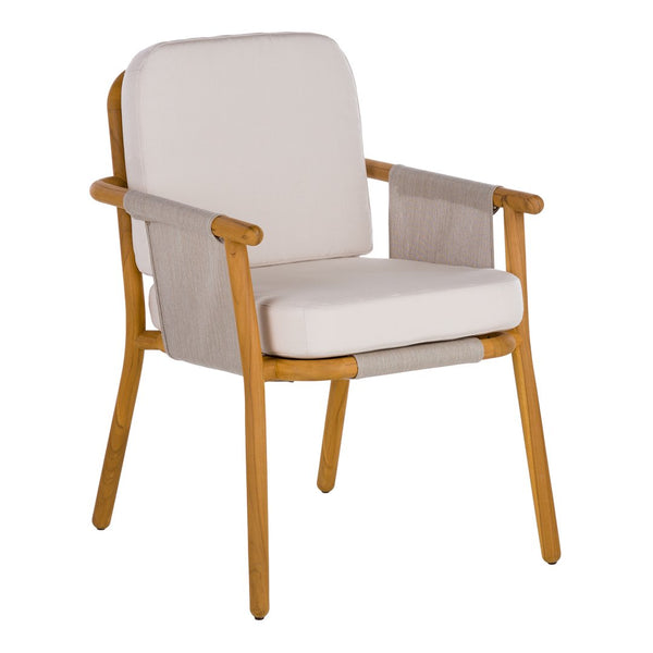 Neutral beige upholstered chair with light wood accents, featuring a minimalist design and soft, inviting textures.