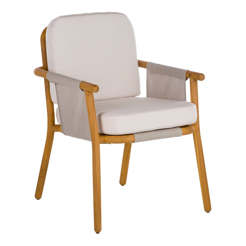 Neutral beige upholstered chair with light wood accents, featuring a minimalist design and soft, inviting textures.
