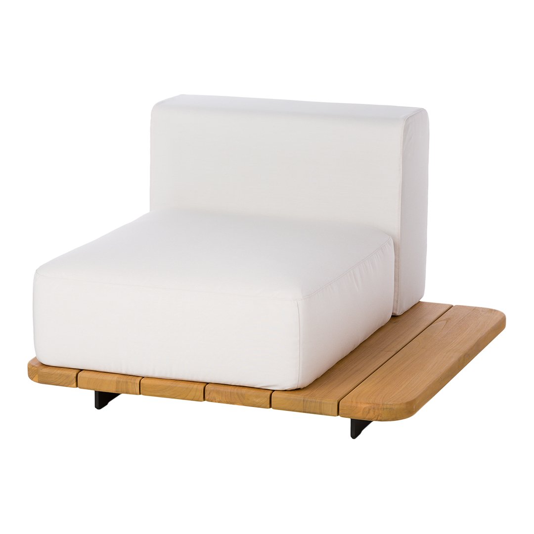 Modern white outdoor lounge chair with sleek wood base and minimalist design. Perfect for stylish outdoor spaces.