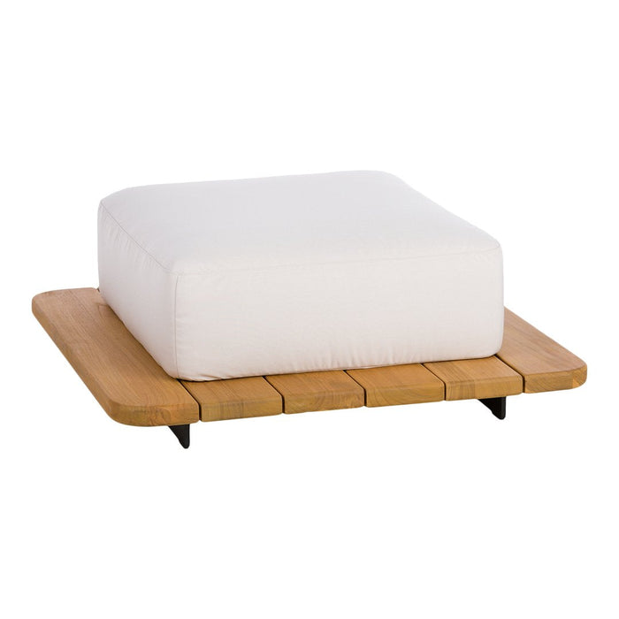 White square cushion with a smooth texture on a light wooden base, featuring minimalist design and clean lines.