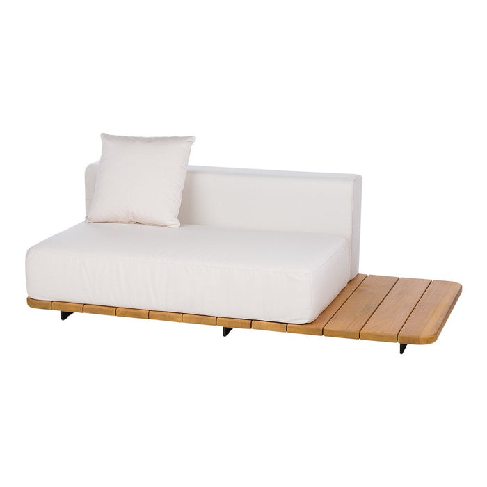 Contemporary white outdoor chaise lounge with wood accents and a plush cushion, ideal for stylish relaxation.