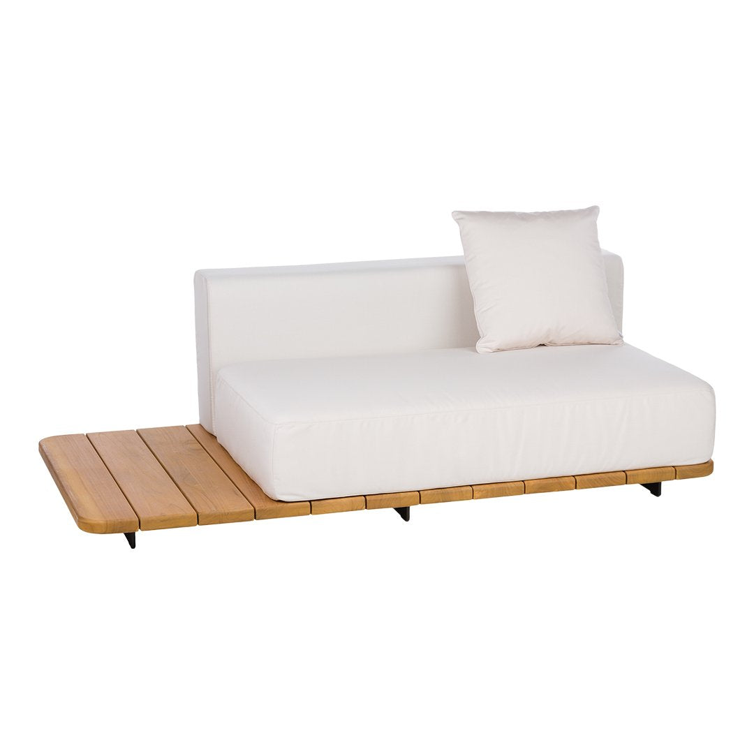 Sleek white sofa with a natural wood accent, showcasing a minimalist design and clean lines.