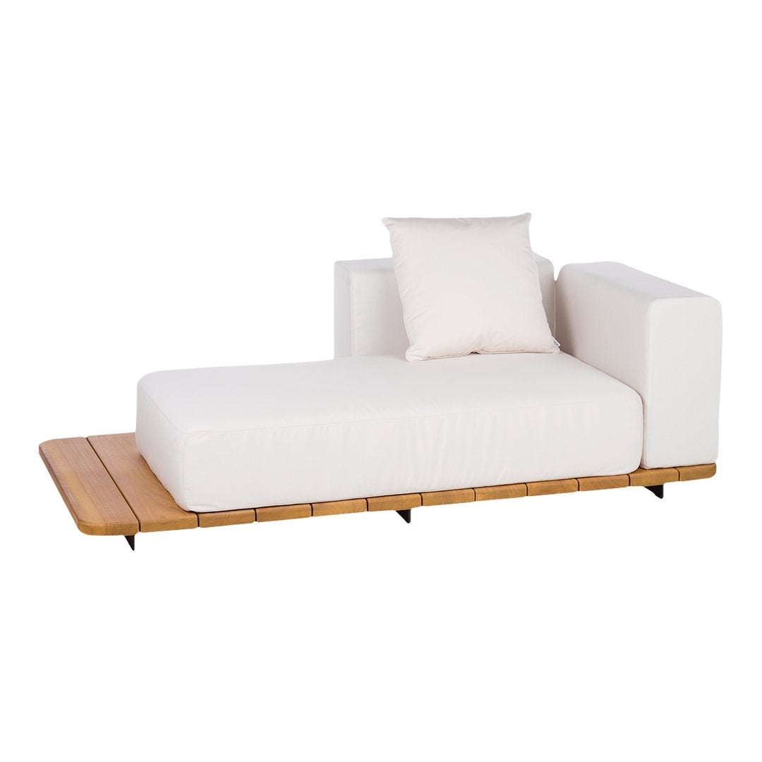White modern chaise lounge with a wooden base and a minimalist design. Perfect for contemporary interiors.
