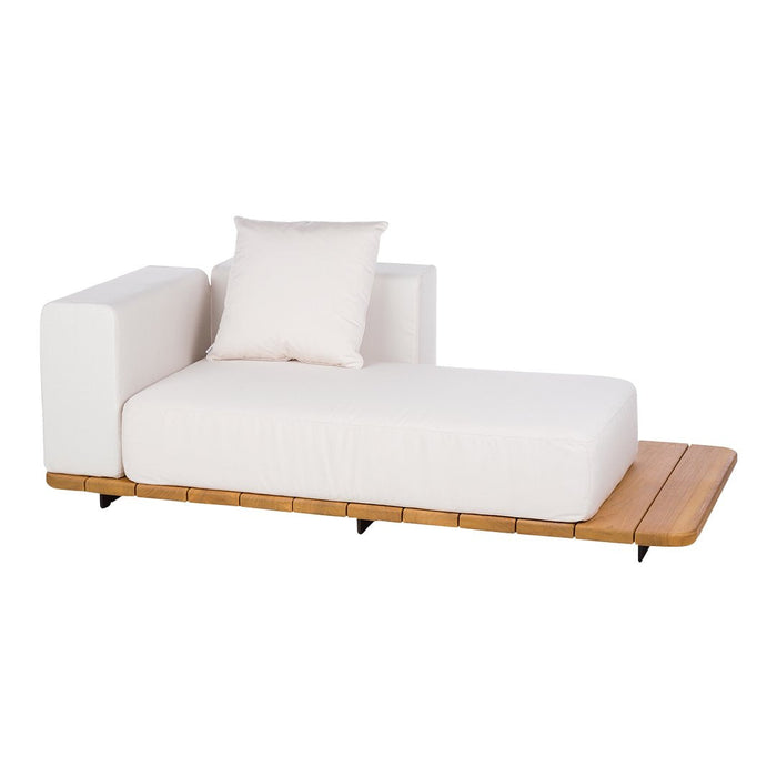 White upholstered chaise lounge with a natural wooden base and simple, minimalist design. Soft textures and clean lines.