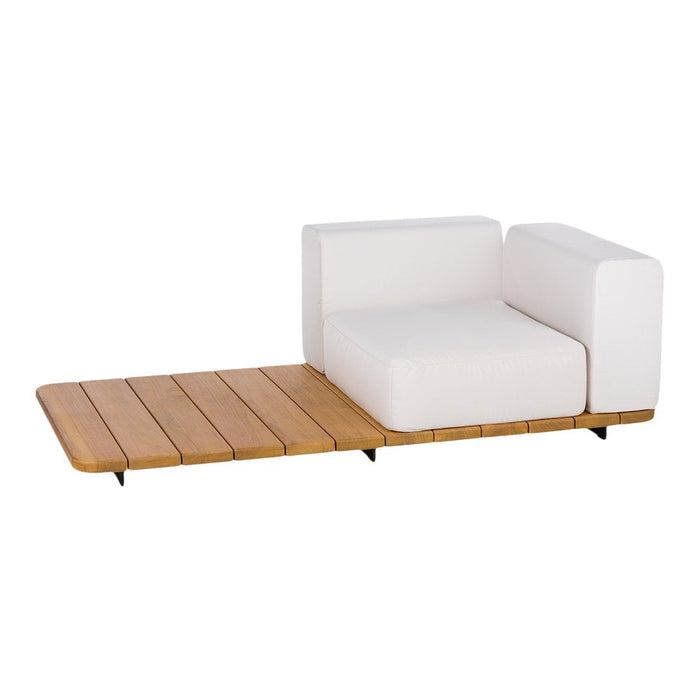 White padded seating with a natural wood accent, creating a modern and minimalist aesthetic.
