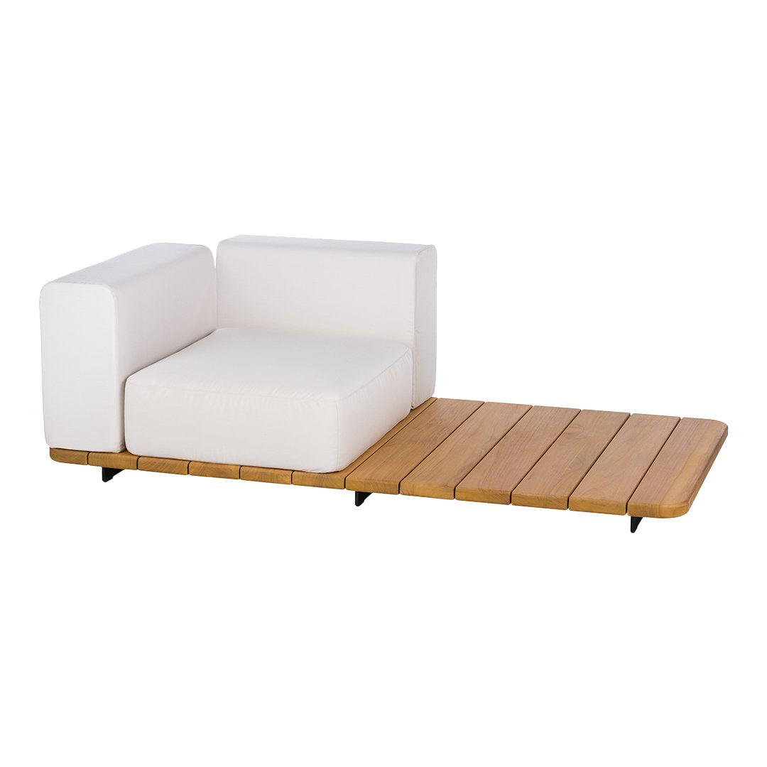 Modern white sectional sofa with clean lines and a natural wood slat base, ideal for contemporary outdoor spaces.
