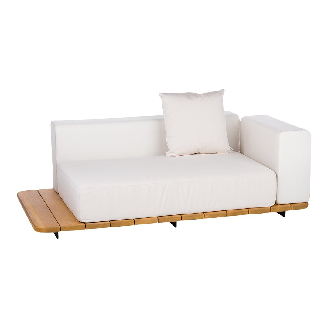 Minimalist white sofa with wood accent, featuring a clean design and textured cushion for modern decor.