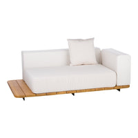 Minimalist white sofa with wood accent, featuring a clean design and textured cushion for modern decor.