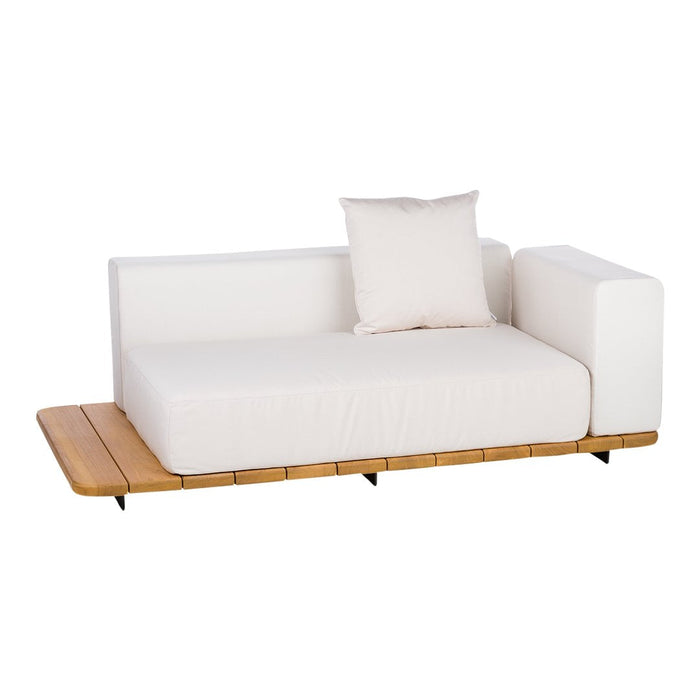 Minimalist white sofa with wood accent, featuring a clean design and textured cushion for modern decor.