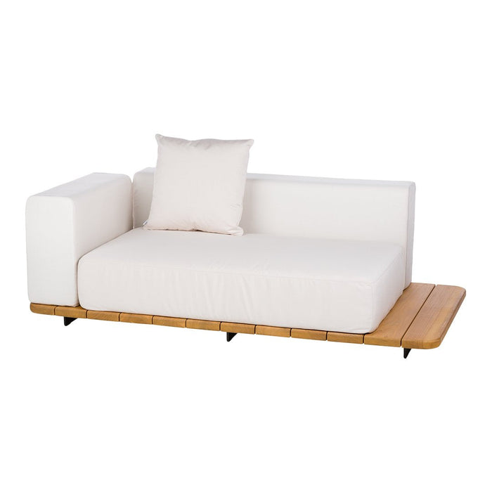 Modern white sofa with a minimalist design, featuring wooden accents and a soft, neutral-colored throw pillow.