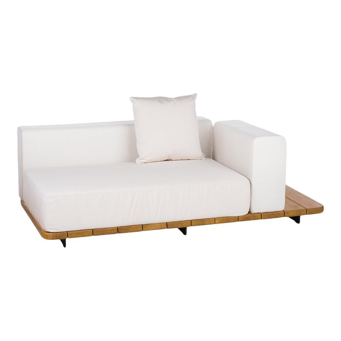 Modern white sofa with smooth fabric and a wooden base, featuring clean lines and minimalist design elements.