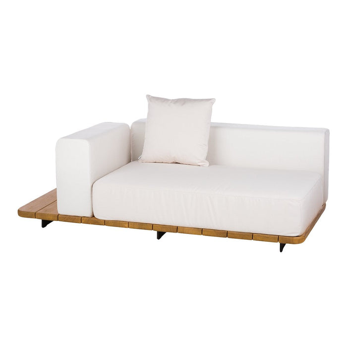 Modern white sectional sofa with a minimalist design, featuring a light wood base and soft square pillow.