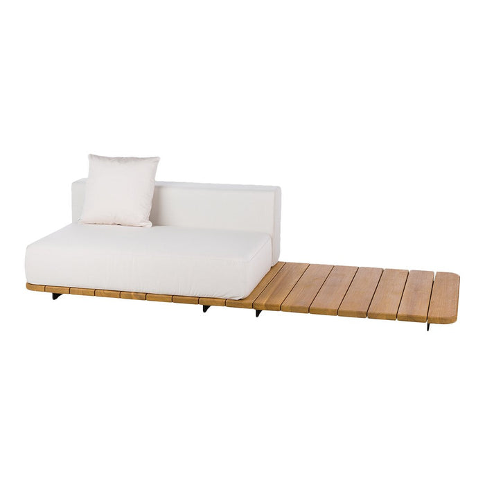 White outdoor sofa with clean lines and a light wood platform, featuring a minimalist design for modern spaces.