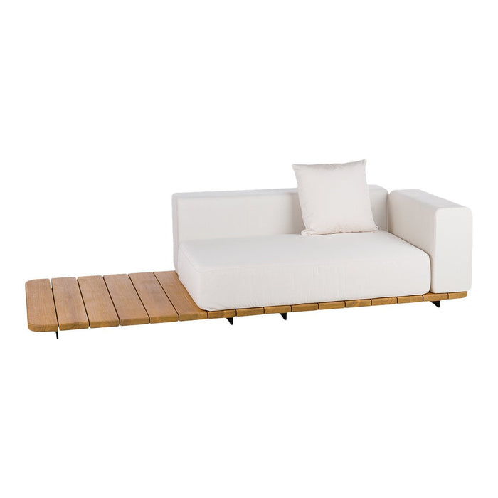 Stylish white sofa with wooden platform, featuring a clean design and modern aesthetic for outdoor spaces.