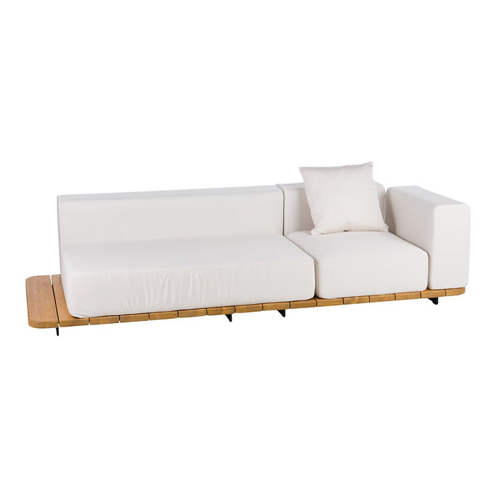 Modern white sofa with clean lines and minimalist design, featuring a natural wood base and plush cushions.