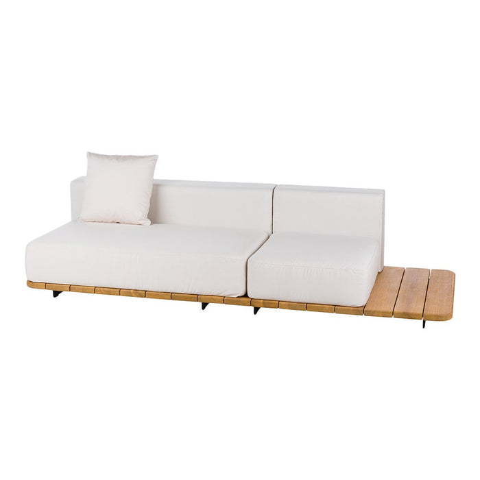 Modern white sofa with clean lines and natural wood accents, featuring a minimalist design and subtle textures.