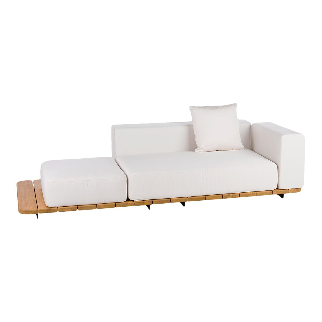 Modern white sofa with minimalist design, featuring clean lines and a natural wood base. Ideal for contemporary decor.