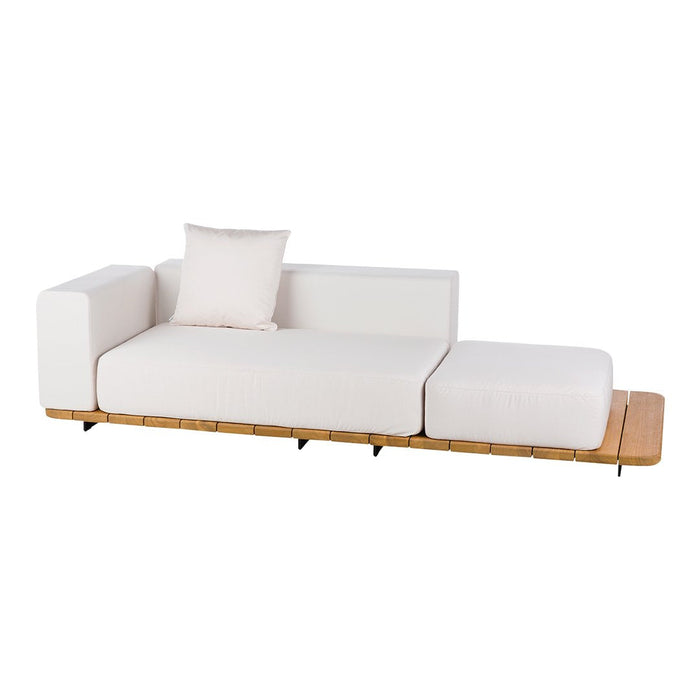 Modern white sofa with minimalistic design and a light wood base, featuring clean lines and a neutral color palette.