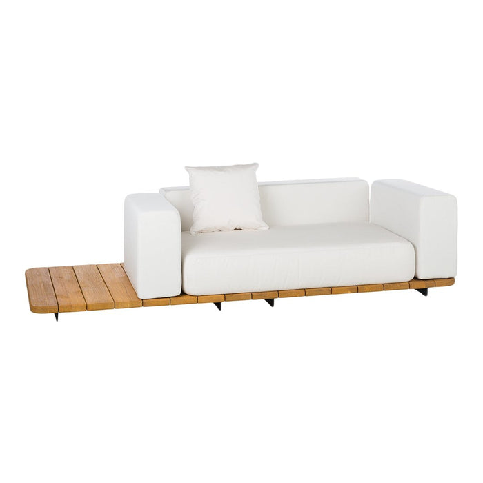 Modern white sofa with a wooden base, featuring clean lines and minimalist design. Perfect for any contemporary space.