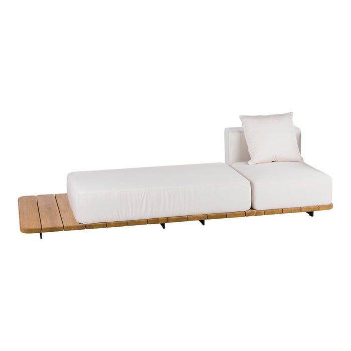 Modern white upholstered lounge chair with a natural wood base, featuring clean lines and minimalistic design.