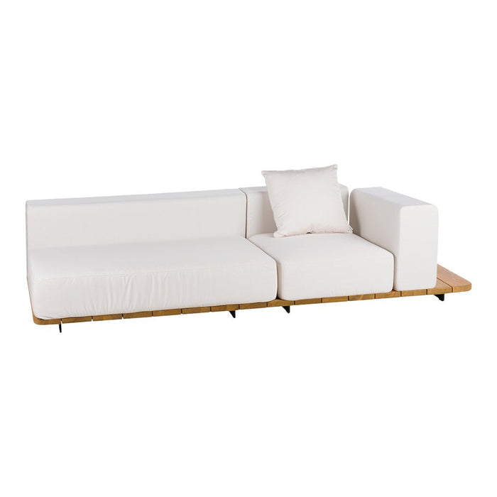 Modern white sofa with clean lines, featuring a minimalist design and natural wood accents. Elegant and versatile look.
