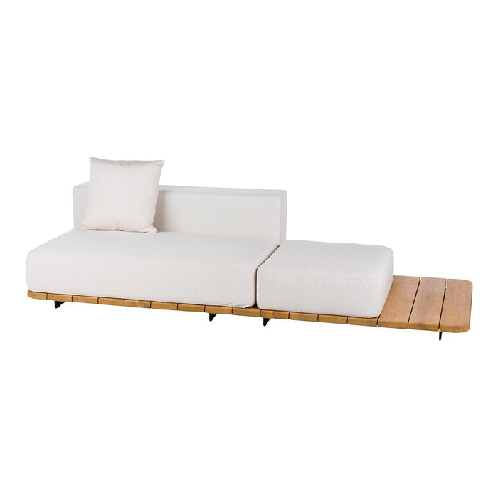 "Modern white sectional sofa with rectangular cushions and a natural wood accent base."