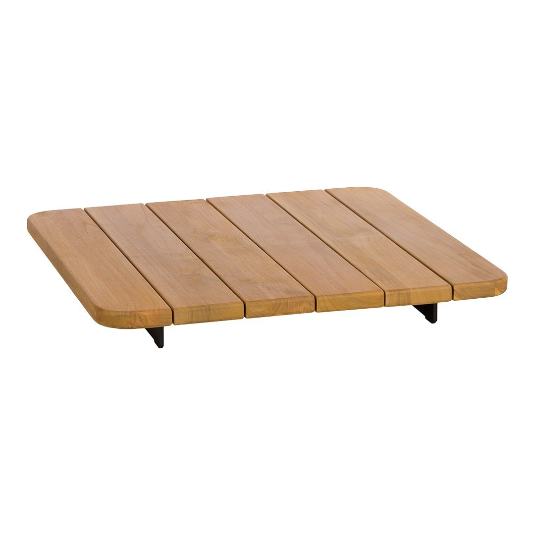 Natural bamboo wood serving tray with smooth, light brown slats and sleek black metal legs. Ideal for modern decor.