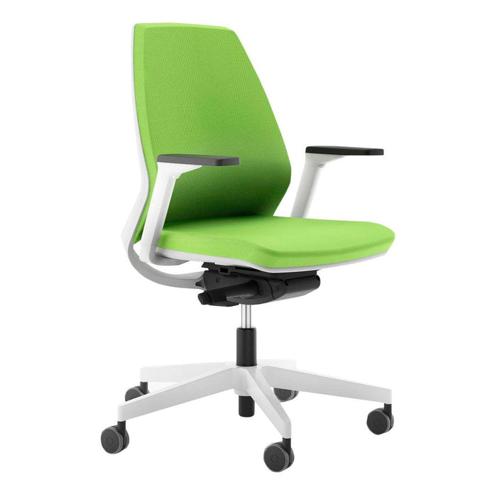 Bright green ergonomic chair with sleek white base and armrests, perfect for modern office aesthetics.