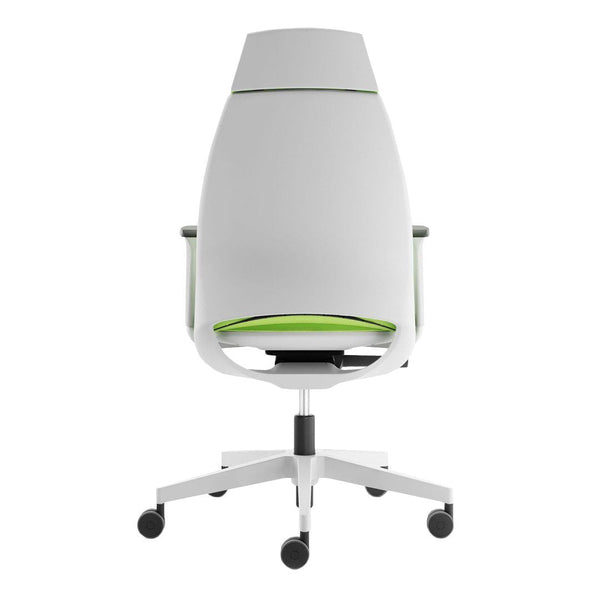 Modern white office chair featuring a vibrant green seat and minimalist design for a contemporary look.