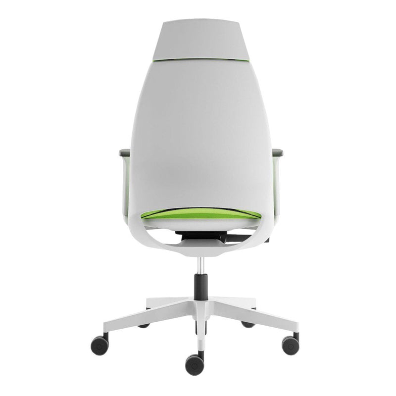 Modern white office chair featuring a vibrant green seat and minimalist design for a contemporary look.