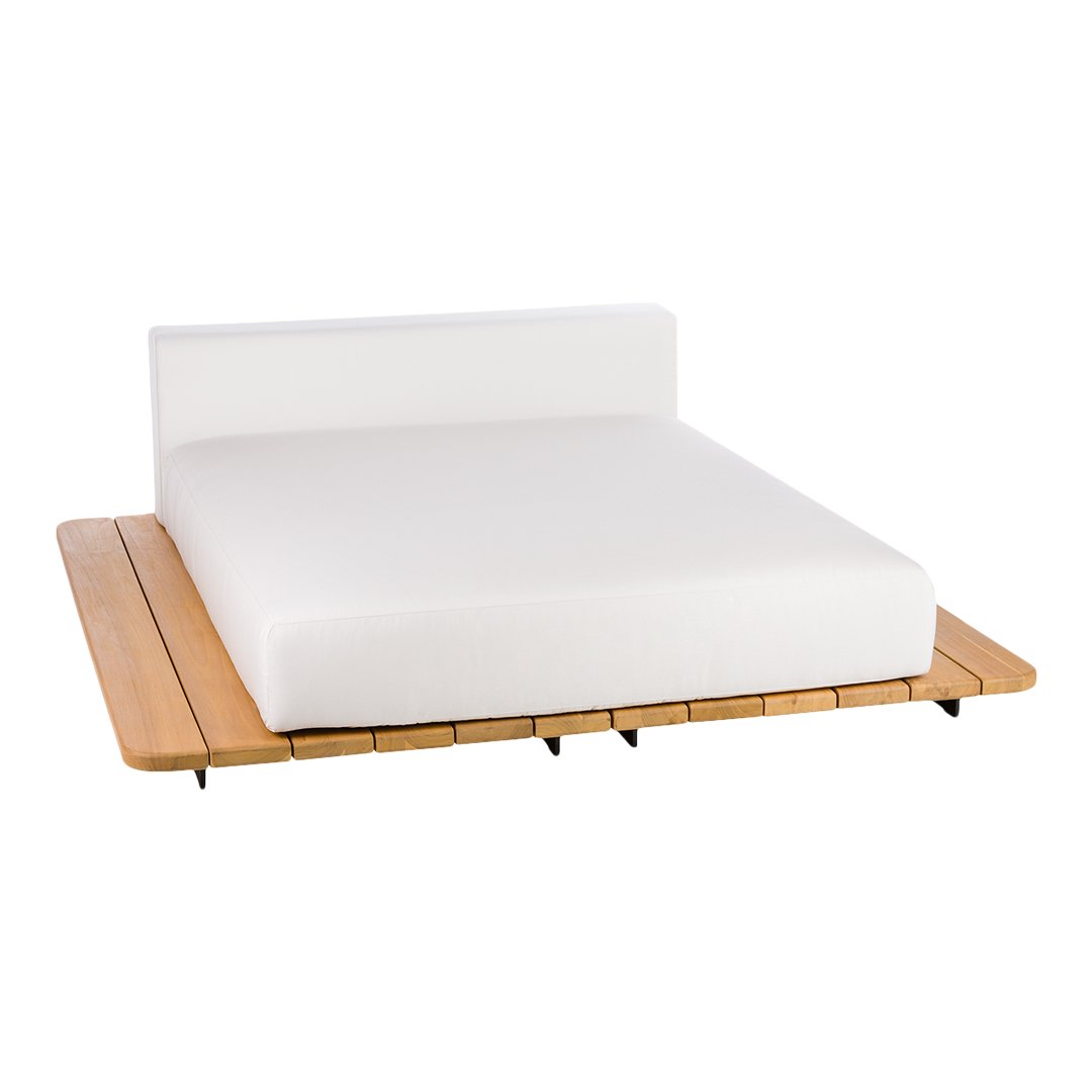 Modern white mattress with a sleek wooden base, featuring natural wood tones and clean lines. Ideal for minimalist decor.