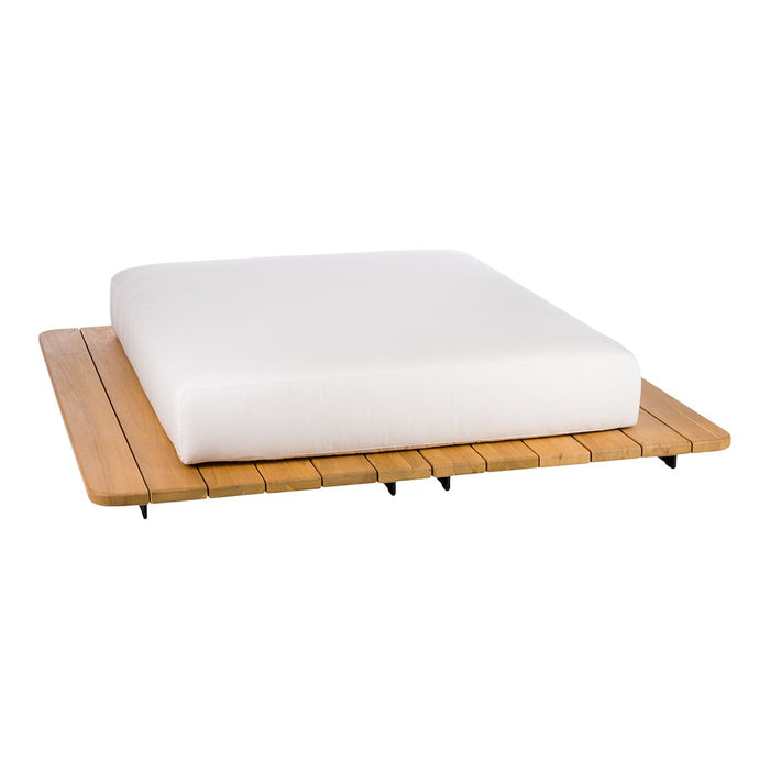 White cushion on a natural wood base, featuring a simple, sleek design with smooth lines and light tones.