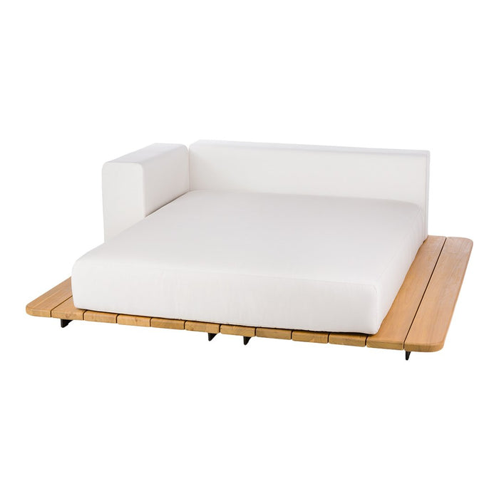 White modular sofa with a sleek design and natural wood platform. Minimalist style for contemporary decor.