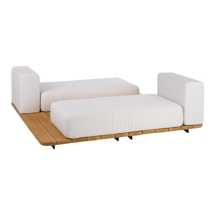 "Modern white upholstered couch on a natural wooden base, featuring clean lines and a minimalist design."