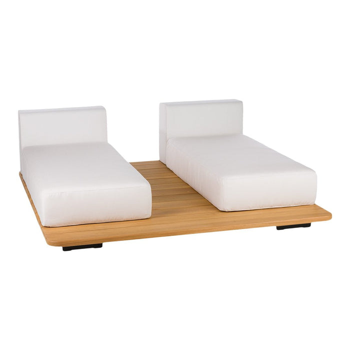 Modern double daybed with a sleek wooden base and soft white cushions, featuring minimalist design and clean lines.