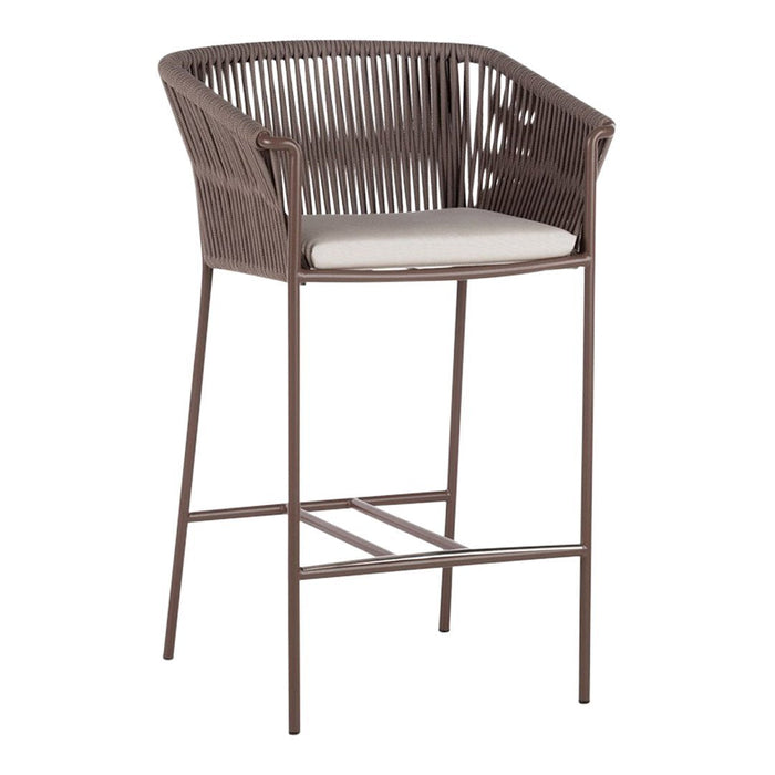 Brown woven bar stool with a circular design and cream cushion, perfect for stylish indoor or outdoor seating.