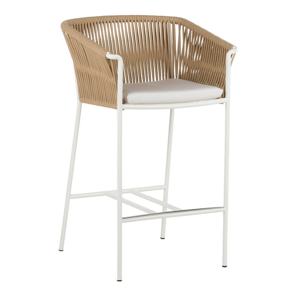 "Contemporary bar stool with a woven tan backrest and white cushion on a sleek white metal frame."