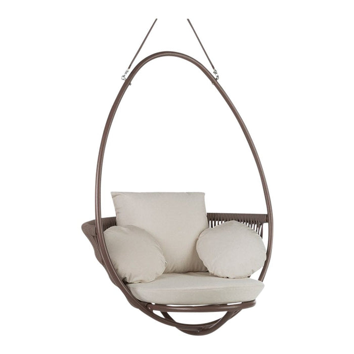 Cream-colored cushions in a modern, egg-shaped hanging chair with a brown wicker frame. Ideal for cozy outdoor spaces.