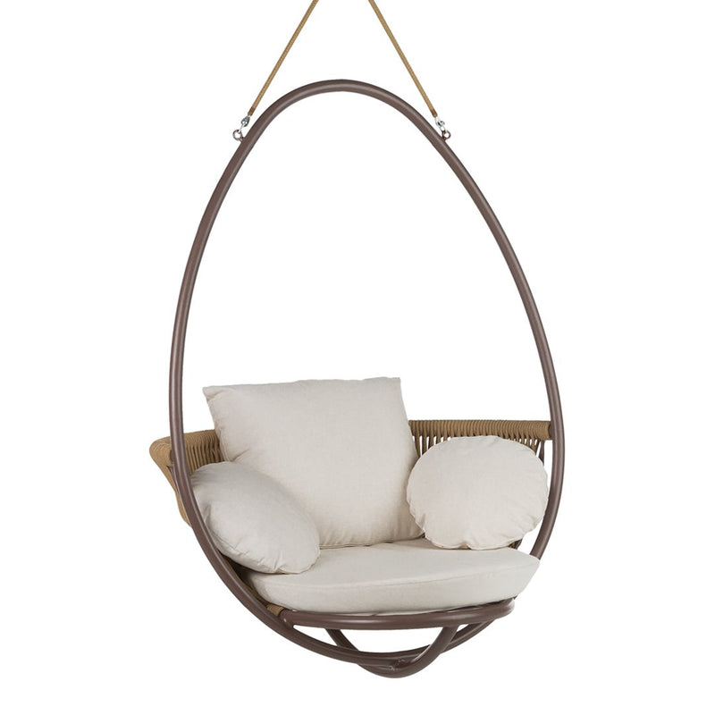 Light beige cushion with subtle texture on a brown, curved hanging chair with a sleek, modern design.