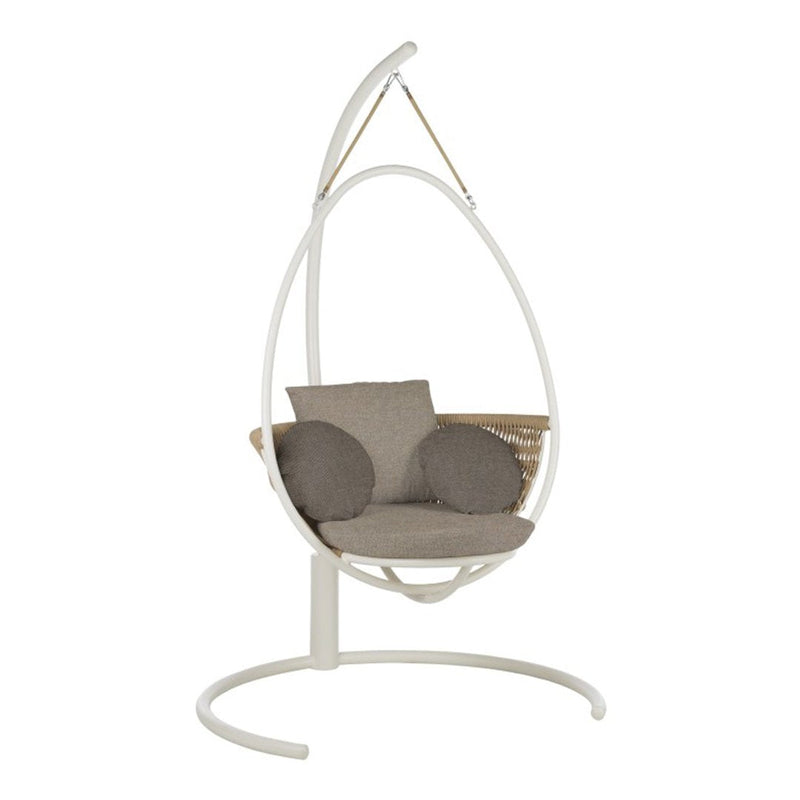 Modern white egg-shaped hanging chair with soft gray cushions, featuring a subtle woven pattern on the backrest.
